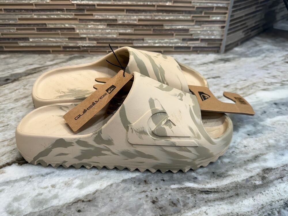 Quiksilver Mens Slides Sandals Size 11 Beige Olive Marble NWT